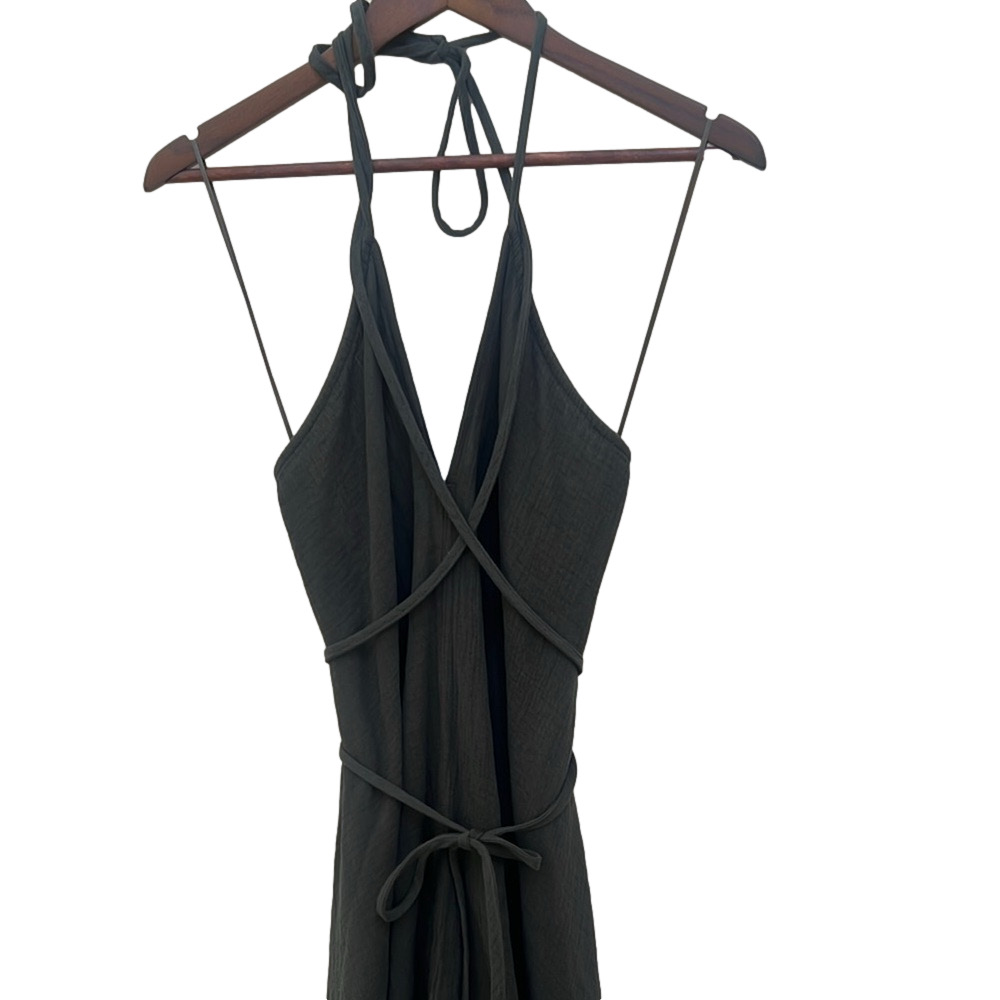 Envy Army Green High-Low Asymmetrical Halter Dress with LongTie to Adjust Style